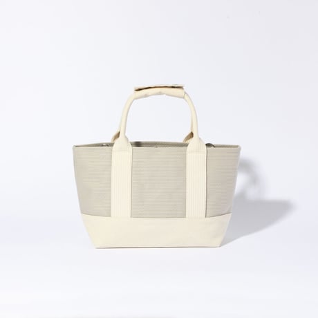 sasicco OBI Tote Mini 2-Way–Ice Gray & Off-White, Mikawa Sashiko Cotton with Judo Fabric Handles