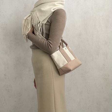 sasicco OBI Tote Nano 2-Way – Pink Beige & Off-White, Mikawa Sashiko Cotton with Judo Fabric Handles