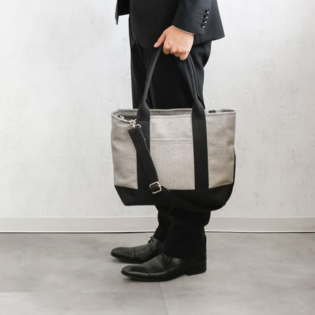 sasicco Obi Tote Wide 2-Way – White&Black Checkered, Mikawa Cotton Sashiko with Judo Fabric Handles