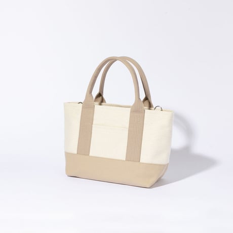 sasicco OBI Tote Mini 2-Way–Pink Beige & Off-White, Mikawa Sashiko Cotton with Judo Fabric Handles