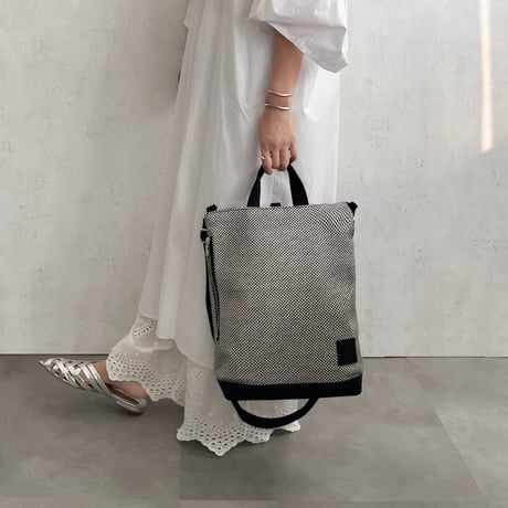 sasicco Portside 3-Way Bag – White & Black Checkered, Mikawa Sashiko Cotton with Judo Fabric Handles