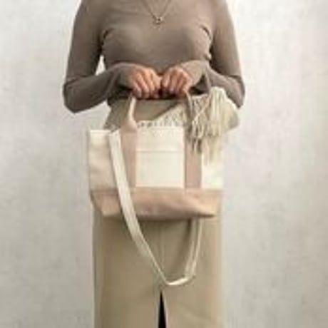 sasicco OBI Tote Mini 2-Way–Pink Beige & Off-White, Mikawa Sashiko Cotton with Judo Fabric Handles