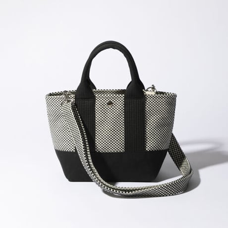 sasicco OBI Tote Nano 2-Way–White & Black Checkered, Mikawa Sashiko Cotton with Judo Fabric Handles