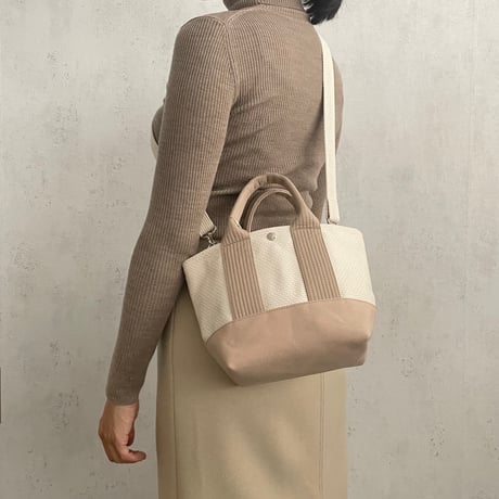 sasicco OBI Tote Nano 2-Way – Pink Beige & Off-White, Mikawa Sashiko Cotton with Judo Fabric Handles