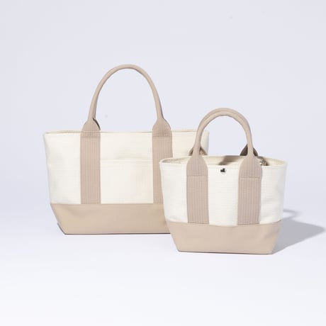 sasicco OBI Tote Mini 2-Way–Pink Beige & Off-White, Mikawa Sashiko Cotton with Judo Fabric Handles