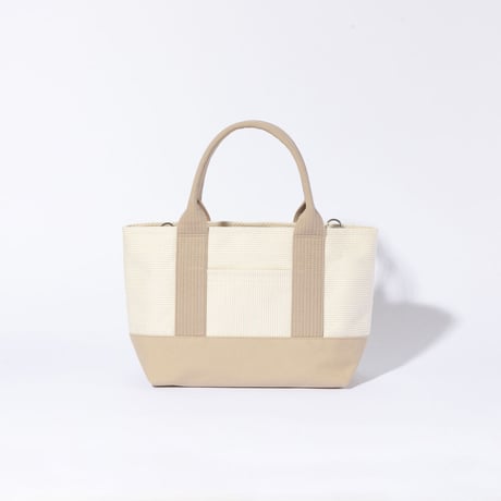 sasicco OBI Tote Mini 2-Way–Pink Beige & Off-White, Mikawa Sashiko Cotton with Judo Fabric Handles