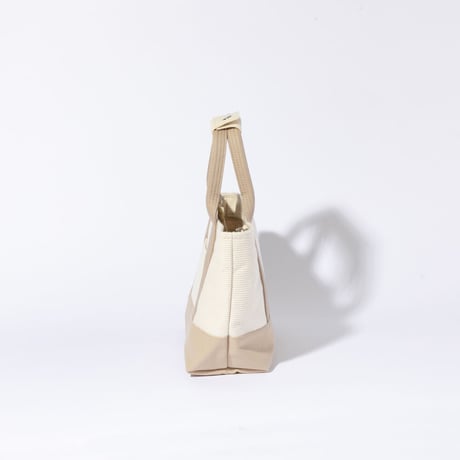sasicco OBI Tote Mini 2-Way–Pink Beige & Off-White, Mikawa Sashiko Cotton with Judo Fabric Handles