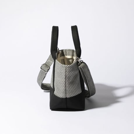 sasicco OBI Tote Nano 2-Way–White & Black Checkered, Mikawa Sashiko Cotton with Judo Fabric Handles