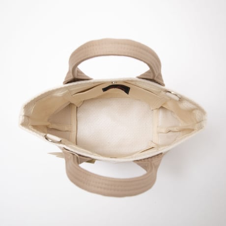 sasicco OBI Tote Nano 2-Way – Pink Beige & Off-White, Mikawa Sashiko Cotton with Judo Fabric Handles