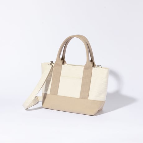 sasicco OBI Tote Mini 2-Way–Pink Beige & Off-White, Mikawa Sashiko Cotton with Judo Fabric Handles