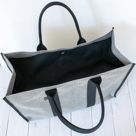 sasicco Square Tote LL – Black, Mikawa Sashiko Cotton with Judo Fabric Handles