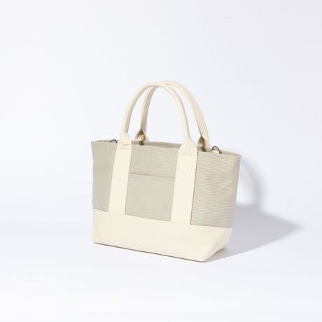 sasicco OBI Tote Mini 2-Way–Ice Gray & Off-White, Mikawa Sashiko Cotton with Judo Fabric Handles