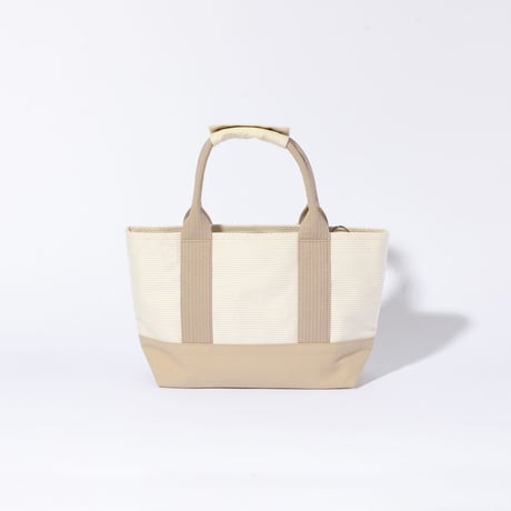 sasicco OBI Tote Mini 2-Way–Pink Beige & Off-White, Mikawa Sashiko Cotton with Judo Fabric Handles