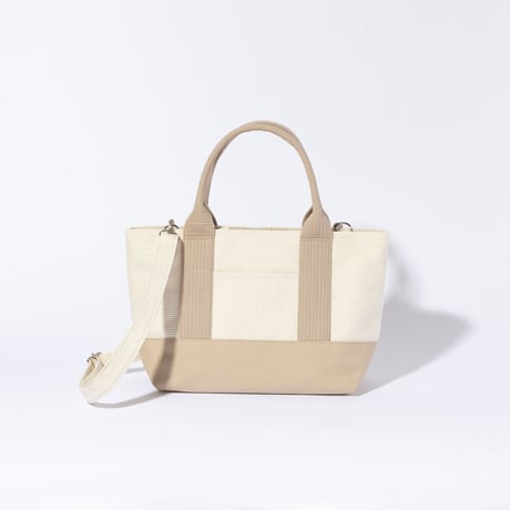 sasicco OBI Tote Mini 2-Way–Pink Beige & Off-White, Mikawa Sashiko Cotton with Judo Fabric Handles