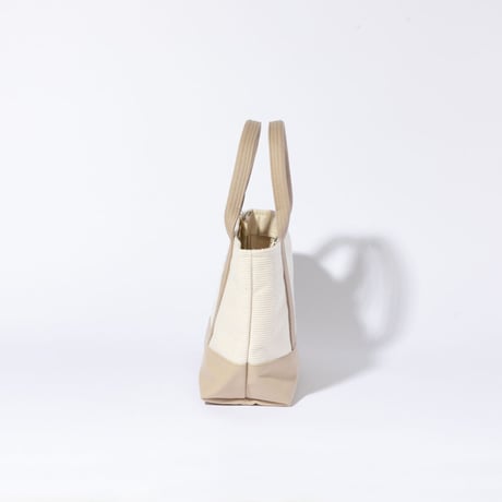 sasicco OBI Tote Mini 2-Way–Pink Beige & Off-White, Mikawa Sashiko Cotton with Judo Fabric Handles