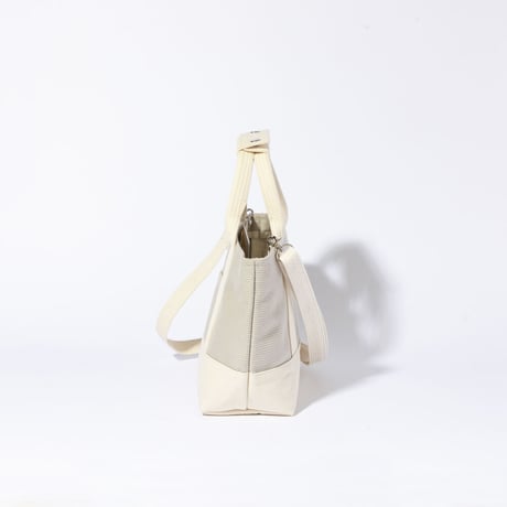 sasicco OBI Tote Mini 2-Way–Ice Gray & Off-White, Mikawa Sashiko Cotton with Judo Fabric Handles
