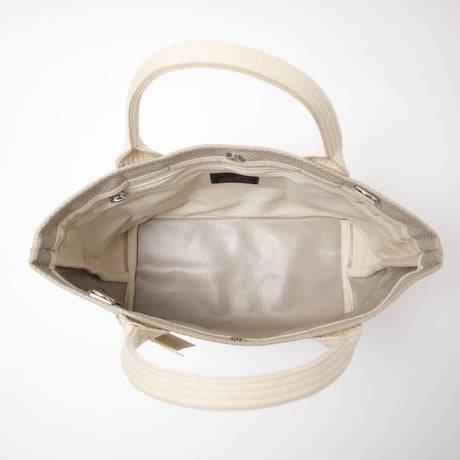 sasicco OBI Tote Mini 2-Way–Ice Gray & Off-White, Mikawa Sashiko Cotton with Judo Fabric Handles