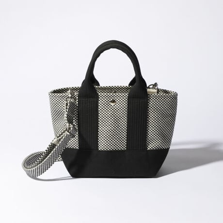 sasicco OBI Tote Nano 2-Way–White & Black Checkered, Mikawa Sashiko Cotton with Judo Fabric Handles