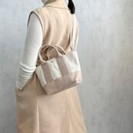sasicco OBI Tote Nano 2-Way – Pink Beige & Off-White, Mikawa Sashiko Cotton with Judo Fabric Handles