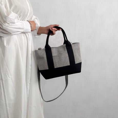 sasicco OBIトートミニ２way 白と黒の市松 | オビトートミニ | 三河木綿 刺子織 | 柔道着 | obi tote mini 2way bag | white & black