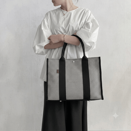 sasicco スクエアトートMplus 白と黒の市松 | 三河木綿 刺子織 | タネイ | 柔道着のカバン | square tote L | white & black