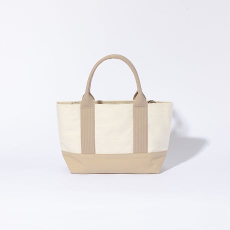 sasicco OBI Tote Mini 2-Way–Pink Beige & Off-White, Mikawa Sashiko Cotton with Judo Fabric Handles