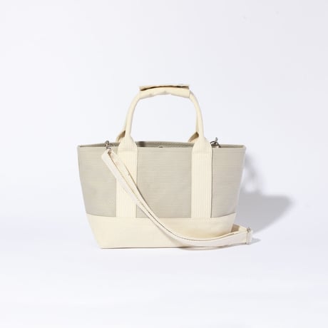 sasicco OBI Tote Mini 2-Way–Ice Gray & Off-White, Mikawa Sashiko Cotton with Judo Fabric Handles