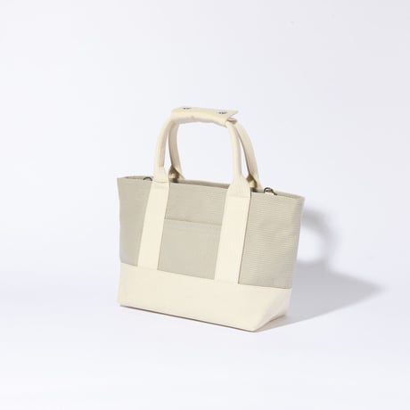 sasicco OBI Tote Mini 2-Way–Ice Gray & Off-White, Mikawa Sashiko Cotton with Judo Fabric Handles