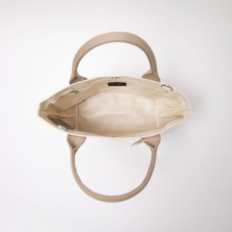 sasicco OBI Tote Mini 2-Way–Pink Beige & Off-White, Mikawa Sashiko Cotton with Judo Fabric Handles