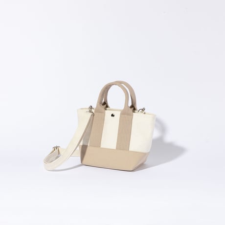 sasicco OBI Tote Nano 2-Way – Pink Beige & Off-White, Mikawa Sashiko Cotton with Judo Fabric Handles