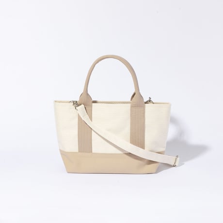 sasicco OBI Tote Mini 2-Way–Pink Beige & Off-White, Mikawa Sashiko Cotton with Judo Fabric Handles