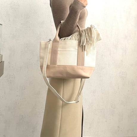 sasicco OBI Tote Mini 2-Way–Pink Beige & Off-White, Mikawa Sashiko Cotton with Judo Fabric Handles