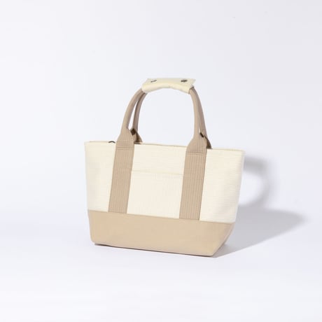 sasicco OBI Tote Mini 2-Way–Pink Beige & Off-White, Mikawa Sashiko Cotton with Judo Fabric Handles