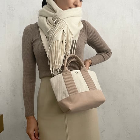 sasicco OBI Tote Nano 2-Way – Pink Beige & Off-White, Mikawa Sashiko Cotton with Judo Fabric Handles
