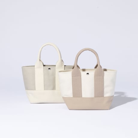 sasicco OBI Tote Nano 2-Way – Pink Beige & Off-White, Mikawa Sashiko Cotton with Judo Fabric Handles