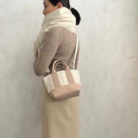 sasicco OBI Tote Nano 2-Way – Pink Beige & Off-White, Mikawa Sashiko Cotton with Judo Fabric Handles