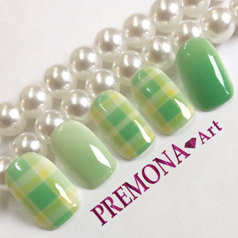 黄緑ネイル 中指用 チェック グリーン 232 PREMONA Art-デジタルネイル