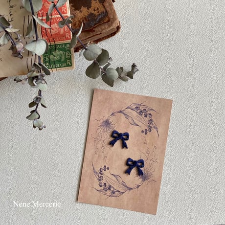 リボン/ネイビー/刺繍アイロンワッペン 2枚セット