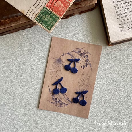 さくらんぼ/ネイビー/3枚セット/刺繍アイロンワッペン