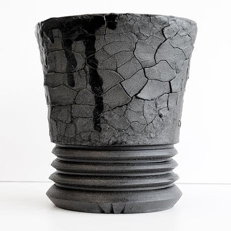 ＜ceramic pot ＞LOOP  Matt Gray type + crack+ drip_HY02