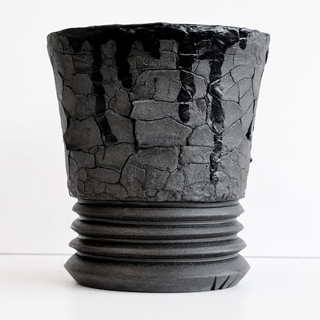 ＜ceramic pot ＞LOOP  Matt Gray type + crack+ drip_HY02
