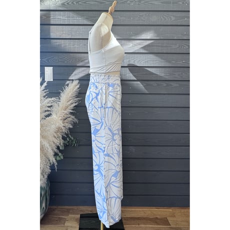Rayon Ruffle Waist Wide Flare Pants Shell Light Blue
