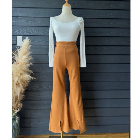 日本製　リブフレアパンツ　Brown Orange