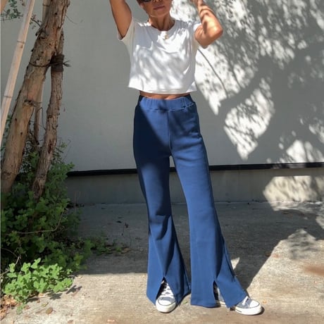 日本製　リブフレアパンツ　Navy
