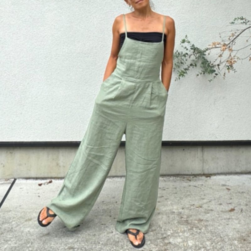 Linen x Viscose Salopette Matcha Milk | via Bella