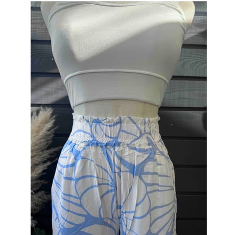 Rayon Ruffle Waist Wide Flare Pants Shell Light Blue