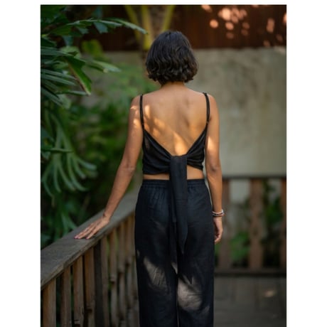 Linen Viscose Wide Flare Pants Black