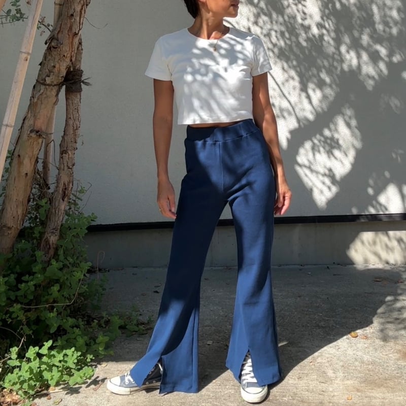 日本製 リブフレアパンツ Navy | via Bella