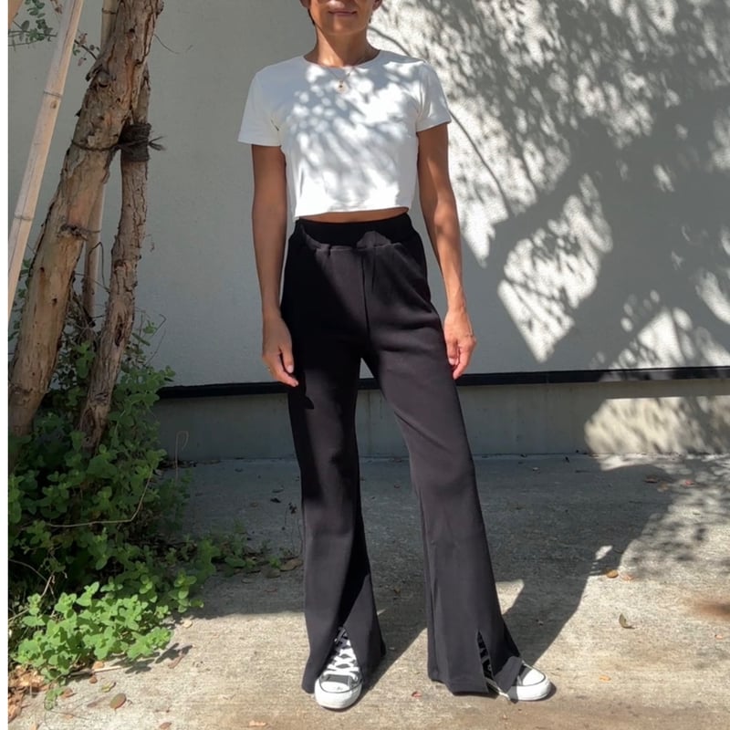 日本製 リブフレアパンツBlack | via Bella