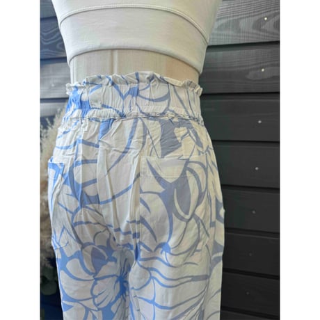 Rayon Ruffle Waist Wide Flare Pants Shell Light Blue